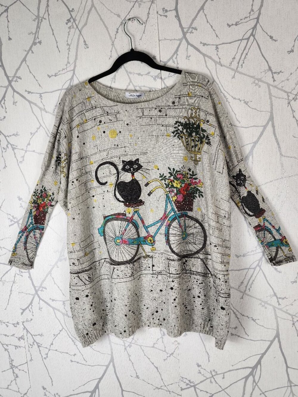 Couer de Vague Cat Bicycle Artsy Printed Dolman Sleeve Tunic